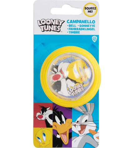 Yellow Looney Tunes bicycle bell for kids, designed for sport and outdoor riding, featuring colorful cartoon character details.