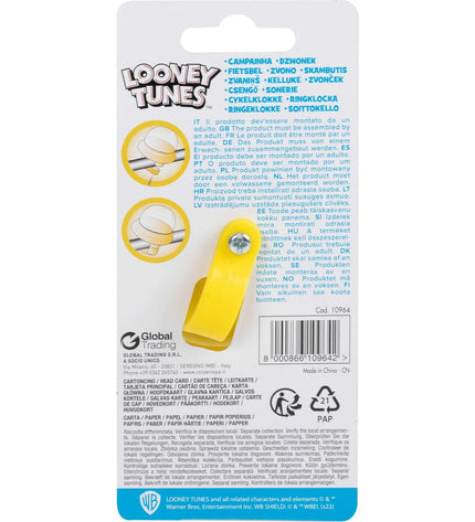 Yellow Looney Tunes kids' bicycle bell with cartoon character design, suitable for sport and outdoor cycling.