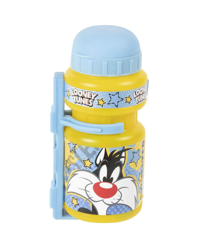 Yellow 350ml Looney Tunes bike water bottle for sports and outdoor cycling, featuring Looney Tunes branding and colorful design.