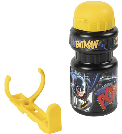 Batman yellow and black 350 ml children's bike water bottle with sport cap, designed for outdoor cycling.