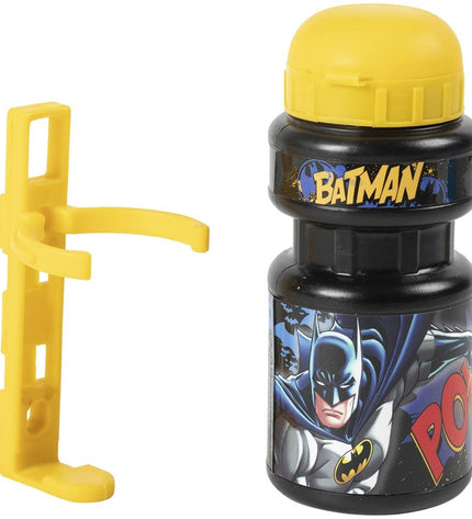 Batman 350ml yellow and black bike water bottle for cycling, with Batman logo and sporty design.