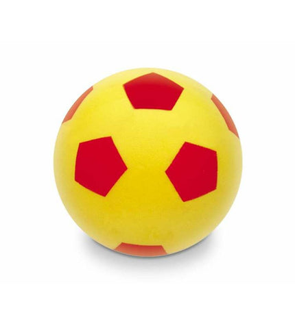 Yellow and red PVC ball from Unice Toys, 14 cm diameter, suitable for outdoor play and sports activities.