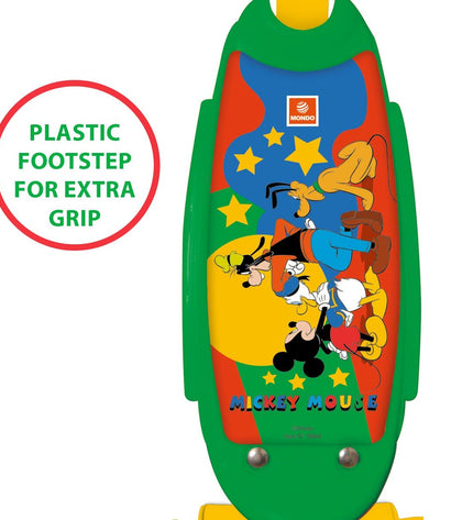 Mickey Mouse themed three-wheeled step scooter, 60x46x13.5 cm, suitable for urban mobility and outdoor play.