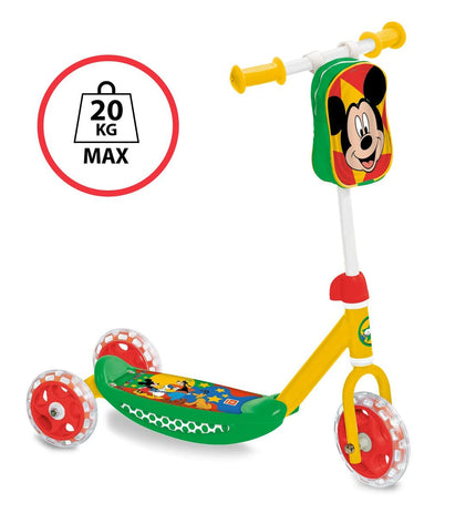 Mickey Mouse-themed three-wheeled step scooter for kids, measuring 60x46x13.5 cm, suitable for outdoor urban mobility.