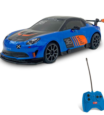 Blue Turquoise Mondo Alpine A110 GT4 remote control police car toy on a plain background.