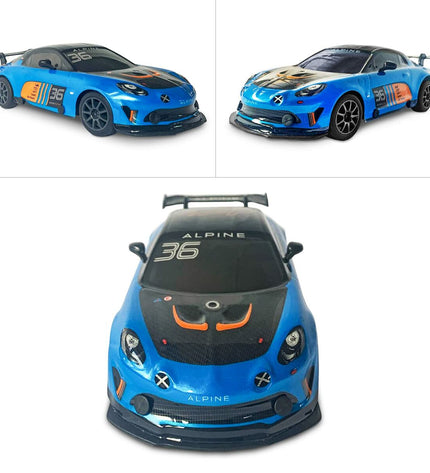 Blue Turquoise Mondo Alpine A110 GT4 remote-controlled police car toy, detailed vehicle for play and collection.