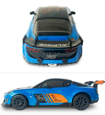 Blue turqoise Mondo police car remote control vehicle resembling Alpine A110 GT4, toy vehicle for children, detailed plastic design.