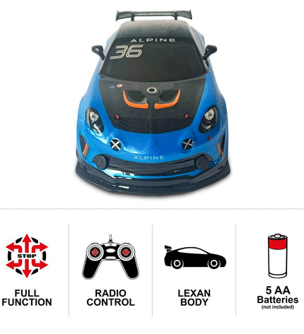 Blue Mondo Alpine A110 GT4 remote control police car, toy vehicle for kids, featuring detailed design and vibrant turquoise color.