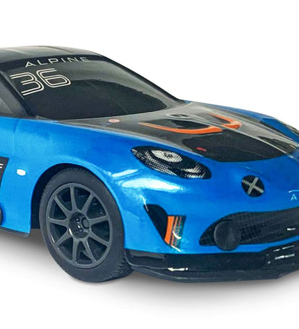 Blue Turquoise Mondo Alpine A110 GT4 police toy car remote control vehicle, detailed with sleek design and realistic features.