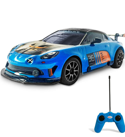 Blue Turquoise Mondo Alpine A110 GT4 remote control police car toy with detailed design, perfect for children’s play and collections.