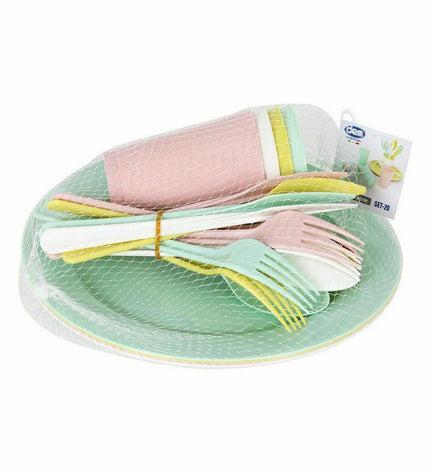 Dem Serviesset Dem 20 Onderdelen multicolour picknick set with 12 pieces, suitable for outdoor camping and picnics.