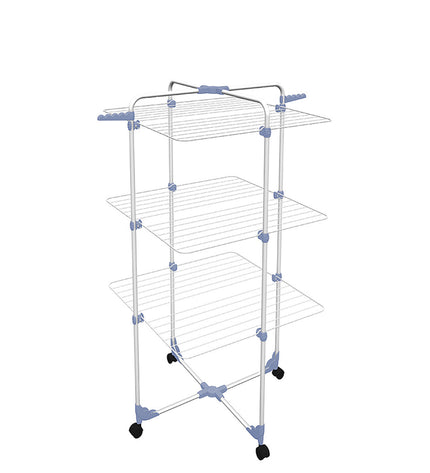 Gimi 153580 foldable clothes dryer with wheels in silver steel, featuring three drying bars and a compact design for home use.