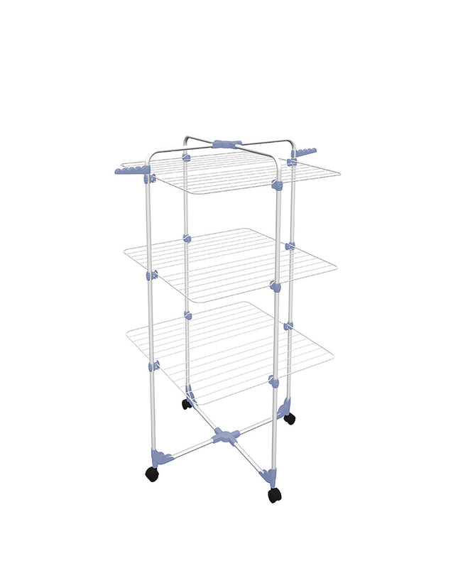 Gimi 153580 foldable clothes dryer with wheels in silver steel, featuring three drying bars and a compact design for home use.