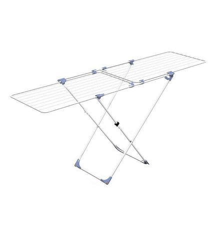 Gimi Duo stainless steel retractable laundry drying rack in white, 209 x 60 x 97 cm, mounted on a wall for house and kitchen organization.