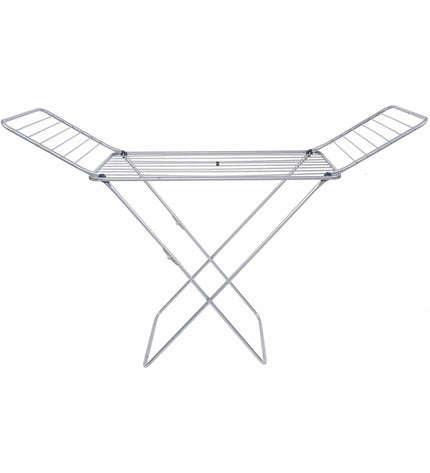 Gimi aluminium foldable clothes drying laundry line with 20m length and silver steel legs for home and organization.