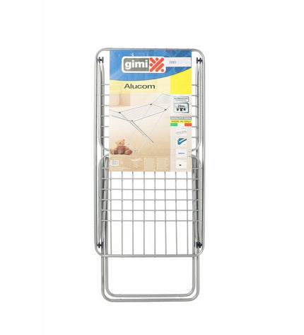 Gimi Alucom X Legs silver folding clothes drying rack with 20m stainless steel line, suitable for household laundry storage.
