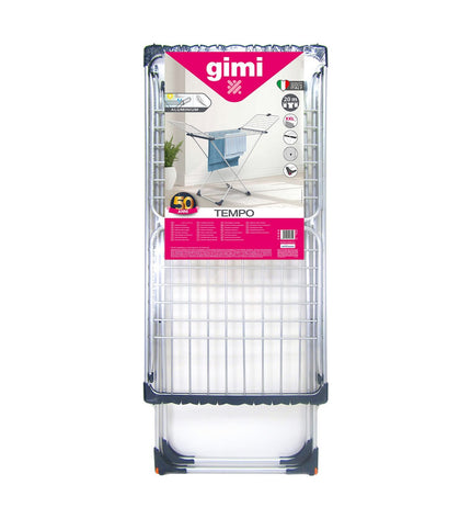 Gimi Tempo grey aluminium clothes drying rack with multiple tiers and foldable design for home laundry organization.