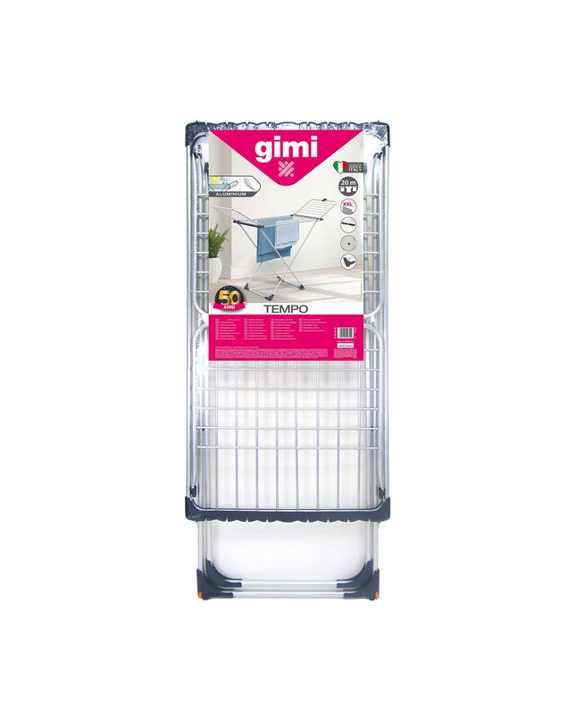 Gimi Tempo grey aluminium clothes drying rack with multiple tiers and foldable design for home laundry organization.