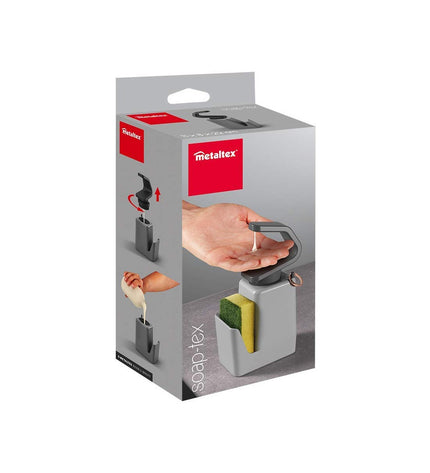 Metaltex Soap-tex metal soap dispenser for bathroom and kitchen, compact ABS design with pump and sleek finish.