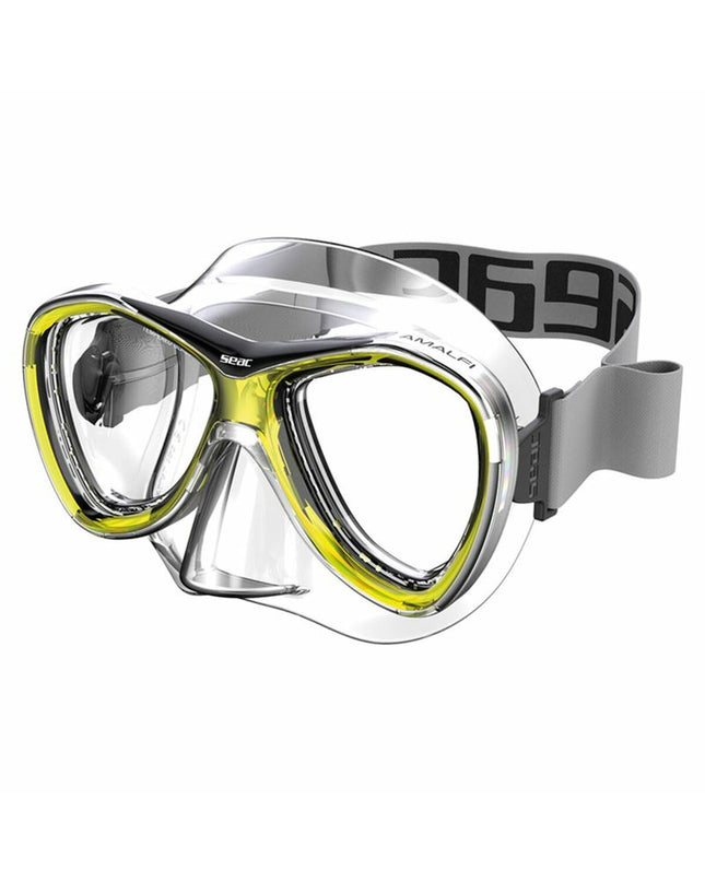 Seac yellow diving goggles for watersports and outdoor activities, with clear lenses and adjustable straps.