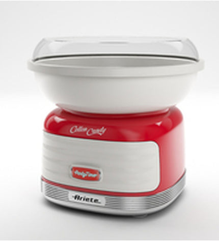 Ariete Suikerspinmachine ARI-2973-RD for making cotton candy, compact electric kitchen appliance in red with spinning bowl.