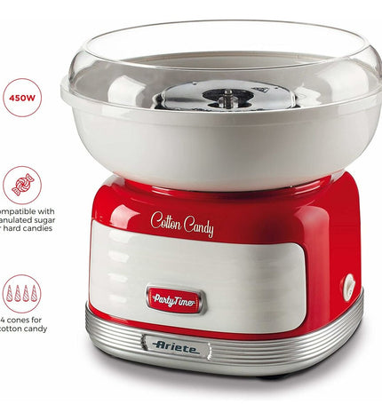 Ariete Suikerspinmachine ARI-2973-RD for making cotton candy, compact electric candy floss maker in red color, kitchen appliance.