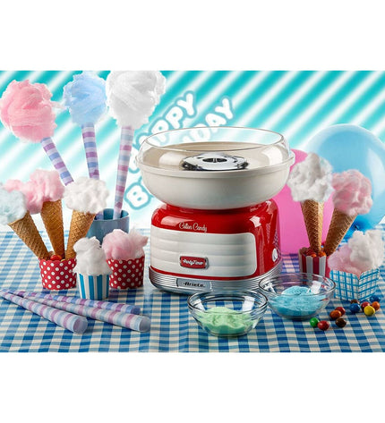 Ariete Suikerspinmachine ARI-2973-RD for making cotton candy, compact electric kitchen appliance in red with spinning head and sugar compartment.