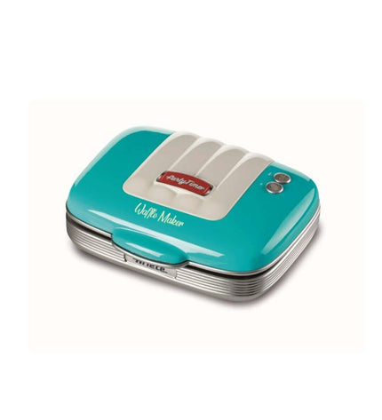 Ariete waffle maker with non-stick plates, compact design for home kitchen use, black and silver finish.
