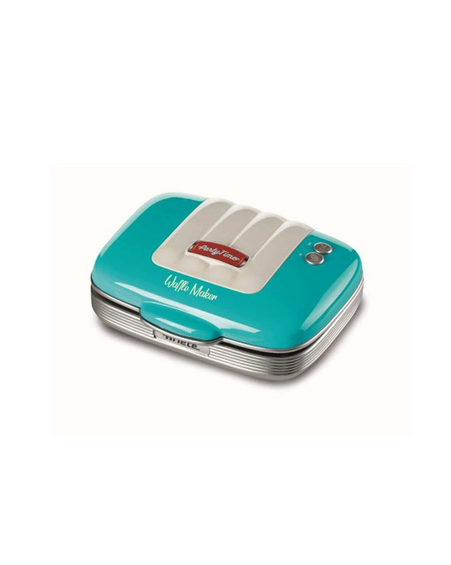 Ariete waffle maker with non-stick plates, compact design for home kitchen use, black and silver finish.