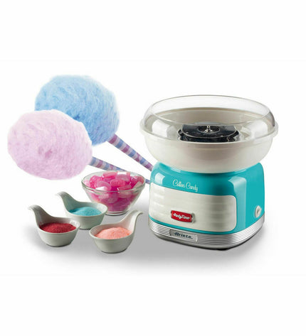 Ariete Suikerspinmachine ARI-2973-RD spinning sugar cotton candy maker on a countertop, compact electric kitchen appliance.