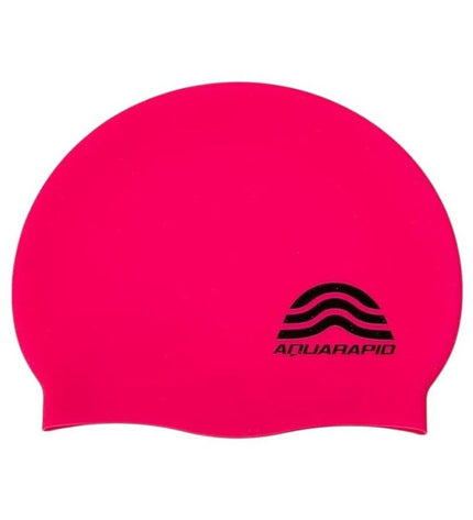 Pink silicone swim cap by Aquarapid, designed for watersport and outdoor activities, featuring a snug fit and smooth surface.
