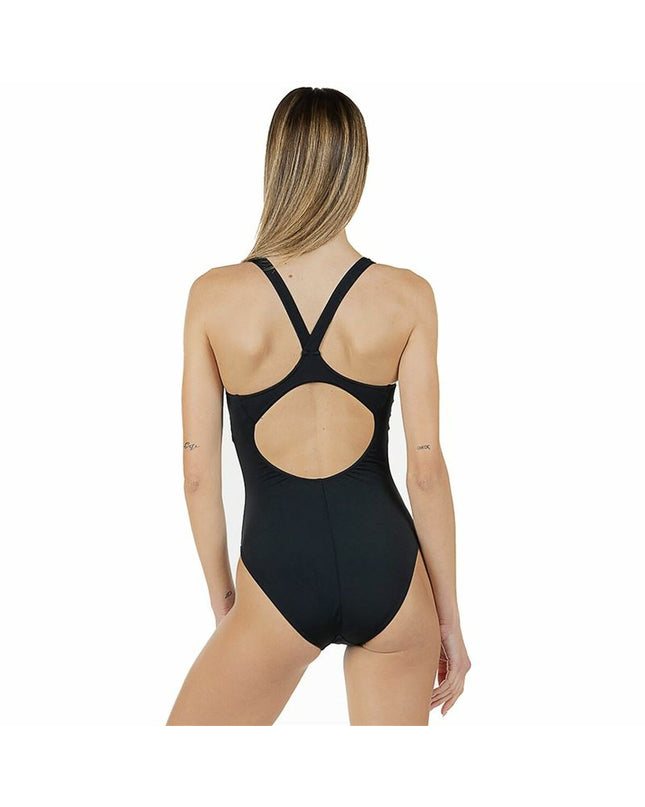 Black women's swimsuit by Aquarapid, Aquily style, designed for water sports and outdoor activities, shown on a model.