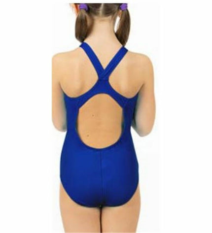 Blue girls' swimsuit by Aquarapid, suitable for water sports and outdoor activities, featuring a comfortable, sporty design.