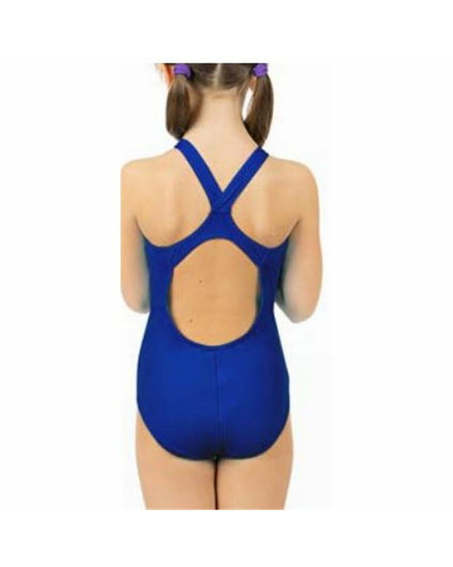 Blue girls' swimsuit by Aquarapid, suitable for water sports and outdoor activities, featuring a comfortable, sporty design.