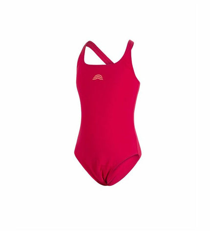 Red girls' swimsuit by Aquarapid for watersports and outdoor activities, featuring a sleek, sporty design.