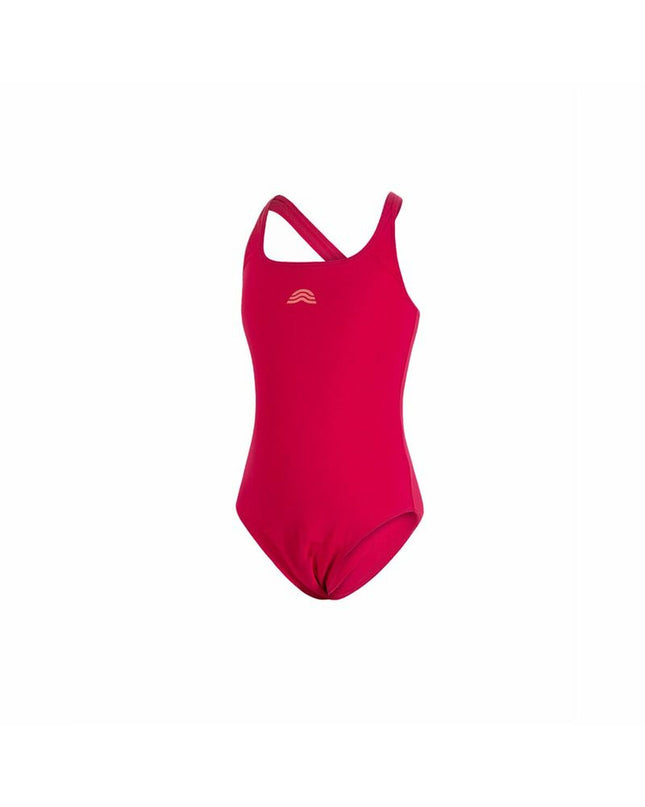 Red girls' swimsuit by Aquarapid for watersports and outdoor activities, featuring a sleek, sporty design.