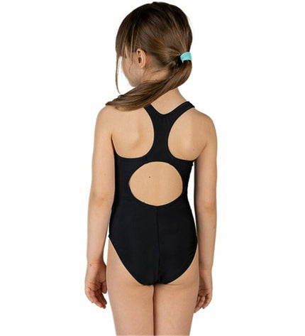 Girl's black Aquarapid swimsuit for watersport and outdoor activities, featuring a sleek, comfortable design.