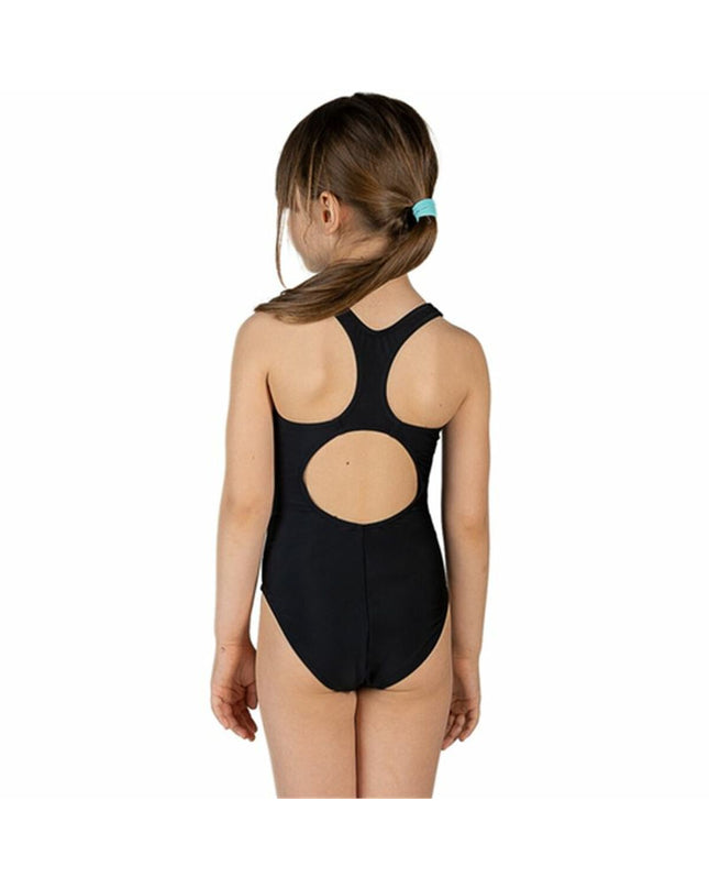 Girl's black Aquarapid swimsuit for watersport and outdoor activities, featuring a sleek, comfortable design.