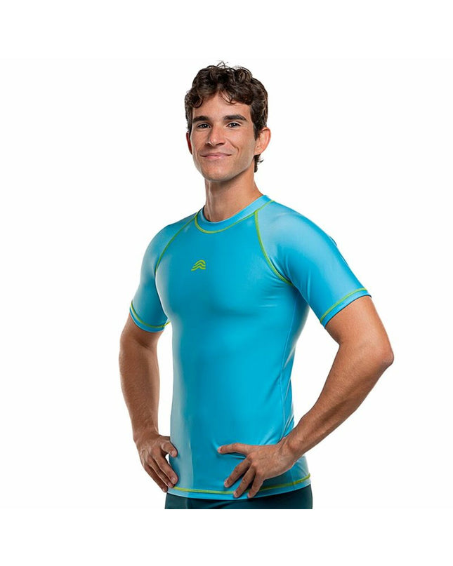 Aquarapid blue indigo short-sleeve sport T-shirt, ideal for outdoor activities and hiking, displayed on a hanger.