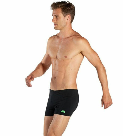 Black Aquarapid men's swim shorts, boxer style, designed for water sports and outdoor swimming activities.