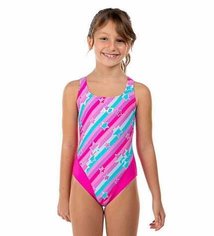 Pink women's swimsuit by Aquarapid, sporty water sport costume with sleek design, suitable for outdoor swimming and aquatic activities.