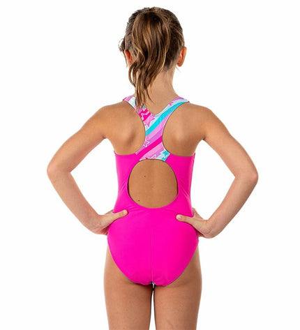 Pink Aquarapid women's swimwear, sporty damesbadpak swimsuit for watersport activities, close-up of fabric and design details.