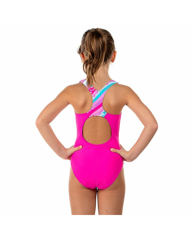 Pink Aquarapid women's swimwear, sporty damesbadpak swimsuit for watersport activities, close-up of fabric and design details.