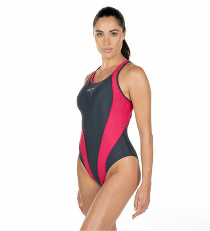 Gray women's swimsuit by Aquarapid, suitable for watersports and outdoor activities, shown on a model in a sporty pose.