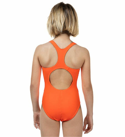 Orange girls' swimsuit by Aquarapid, suitable for watersports and outdoor activities, featuring a sporty design.