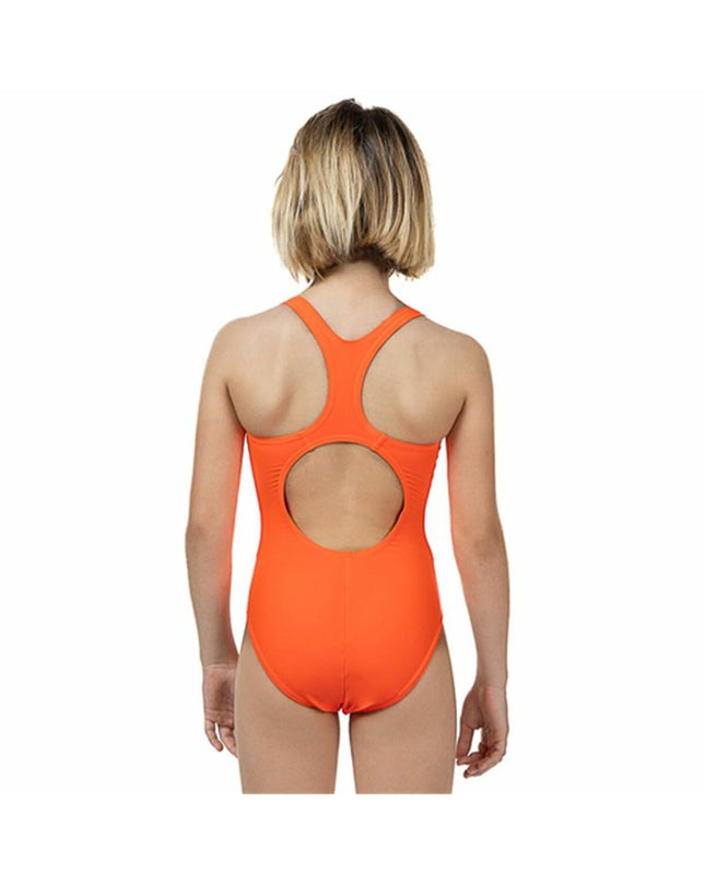 Orange girls' swimsuit by Aquarapid, suitable for watersports and outdoor activities, featuring a sporty design.