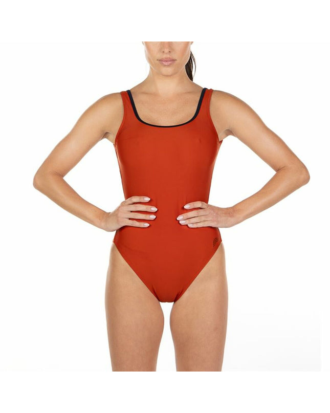 Aquarapid Anaitis women's red swimsuit for sport and outdoor watersports, shown on a model.