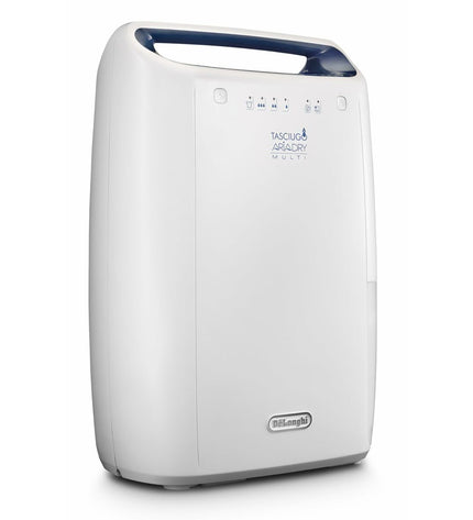 DeLonghi DEX210SF white portable air conditioner for home and kitchen use, with vents and control panel visible.
