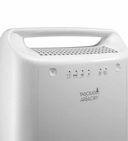 DeLonghi DEX210SF white portable air conditioner for home and kitchen, shown in a clean, modern living space.