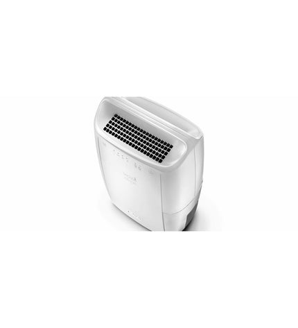 DeLonghi DEX210SF white portable air conditioner for home and cooking, compact and modern design.